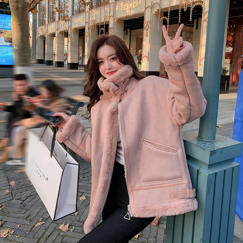 Pink Lamb Wool Coat for Women 2024 Winter Thickened High-End Loose Suede Lamb Wool Fur Integrated Motorcycle Jacket