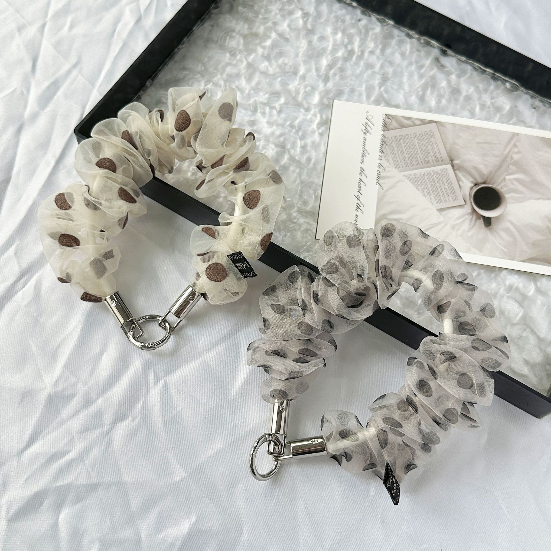 Korean style polka dot mesh scrunchie phone lanyard/keychain, high-end mesh wristband, versatile bag charm