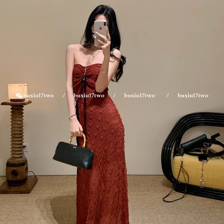Bing Xiougn 25Ss Sun Qian's Same Style Lace-Up Slim-Fitting Tube Top Dress, Long Skirt with a Charming Allure