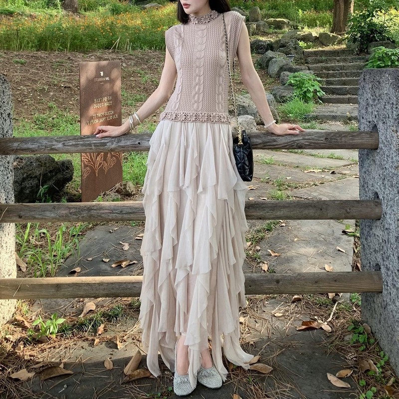 Beautiful Early Spring Dress with Heavy Crochet, Ruffled Edges, and Irregular Patchwork in French Style