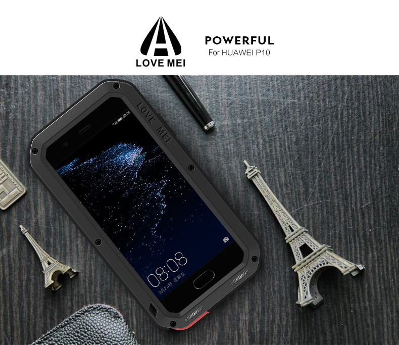 LOVE MEI Powerful Water Resistant Shockproof Dust/Dirt/Snow Proof Aluminum Metal Outdoor Heavy Duty Case Cover for Huawei P10