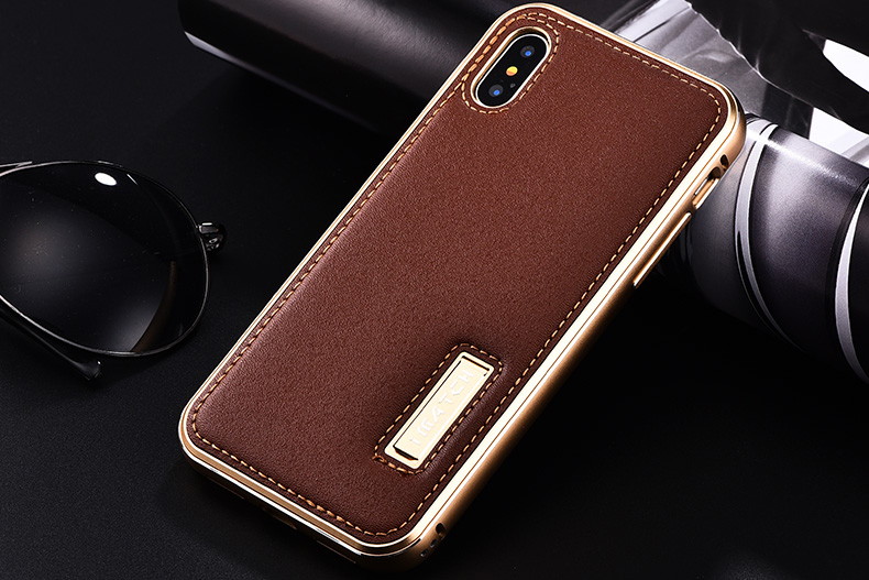 iMatch Luxury Aluminum Metal Bumper Premium Genuine Leather Back Cover Case for Apple iPhone X