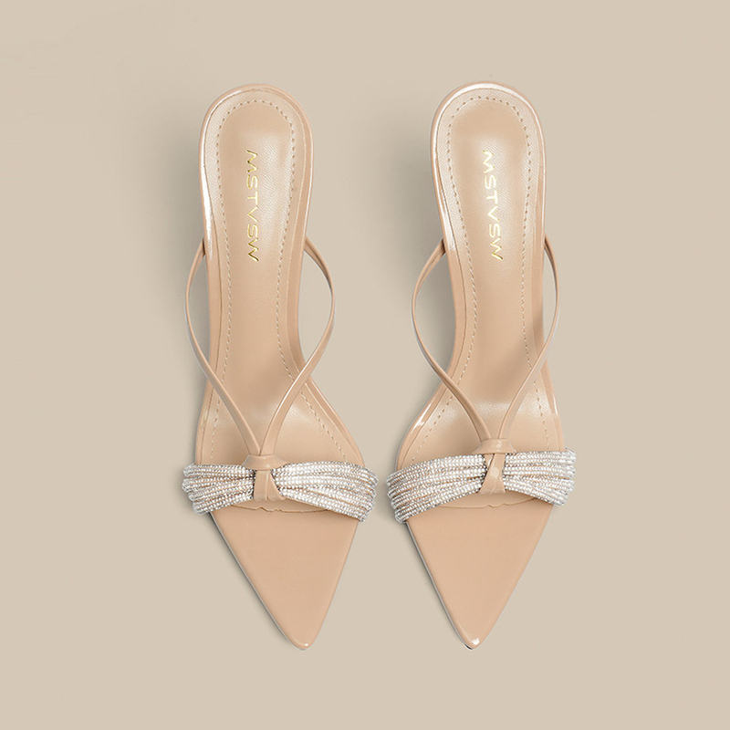 Michael Kimi Nude Rhinestone Open-Toe Sandals for Women 2026 Summer New Pointed Toe Stiletto High-Heeled Sandals