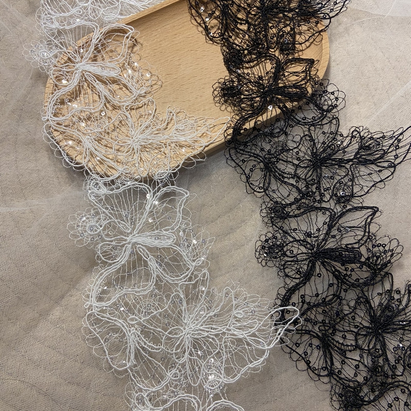 Black and White Butterfly Fish Thread Sequin Lace Handmade DIY Lace Material Clothing Wedding Dress Headwear Lace Accessories