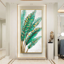 Hand-painted oil painting modern simple abstract green plant porch decoration painting Nordic American Golden light luxury hanging painting
