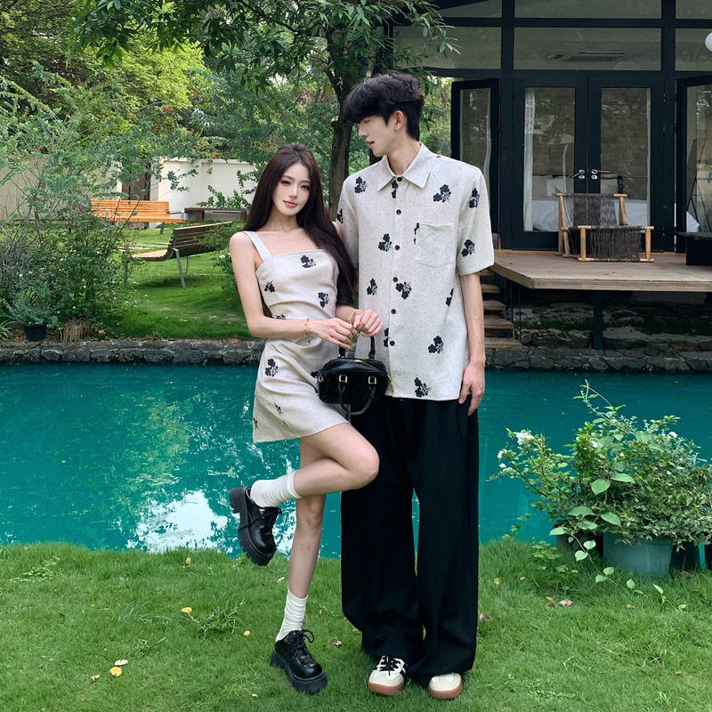 Niche Design Couple Outfits 2026 New Summer Floral Shirts Casual Vacation Dresses French Style One Shirt One Skirt