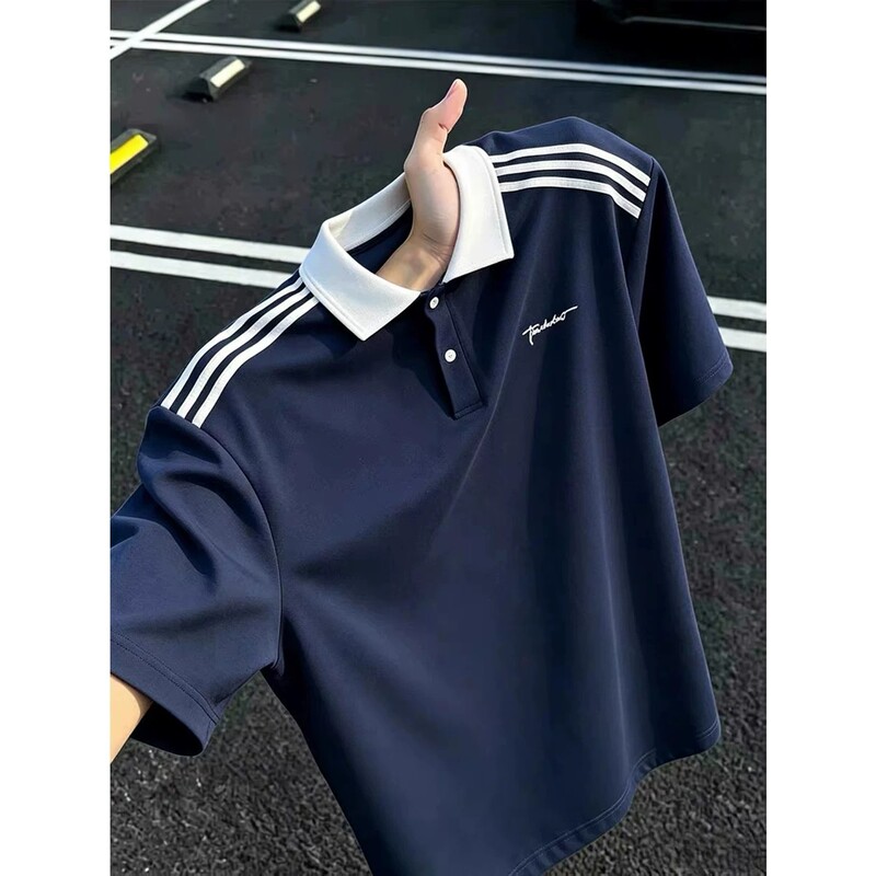 American-Style Striped Color-Block Embroidered Short-Sleeve Polo Shirt for Men, Navy Blue, High-End, Preppy Style, Trendy T-Shirt