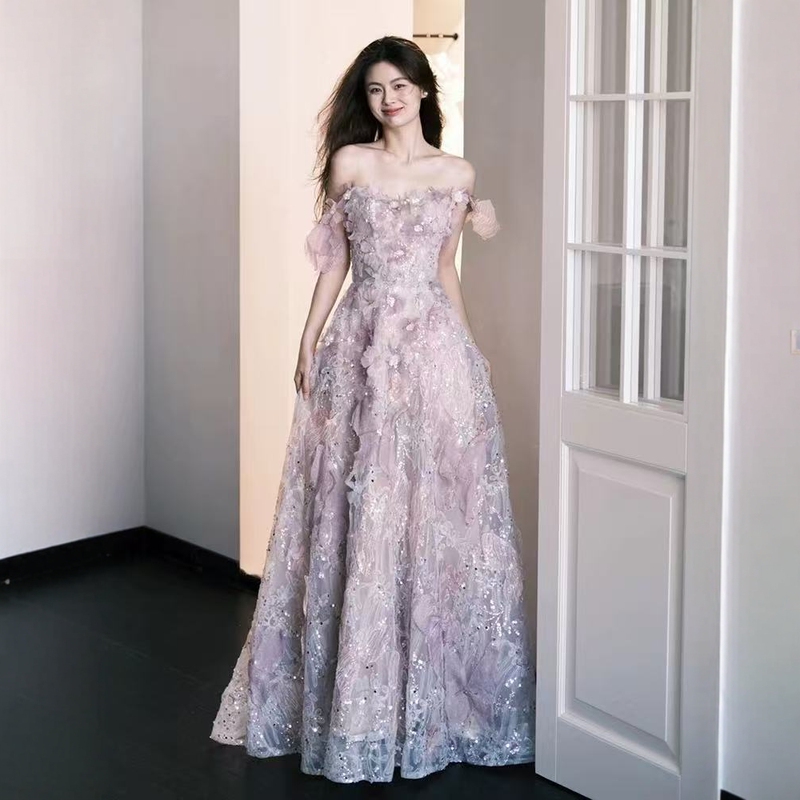 Purple Evening Dress, High-End Light Luxury, Niche Banquet Style, Elegant Hostess Birthday Dress, Talent Show Dress, Toast Dress, Bride Engagement Dress