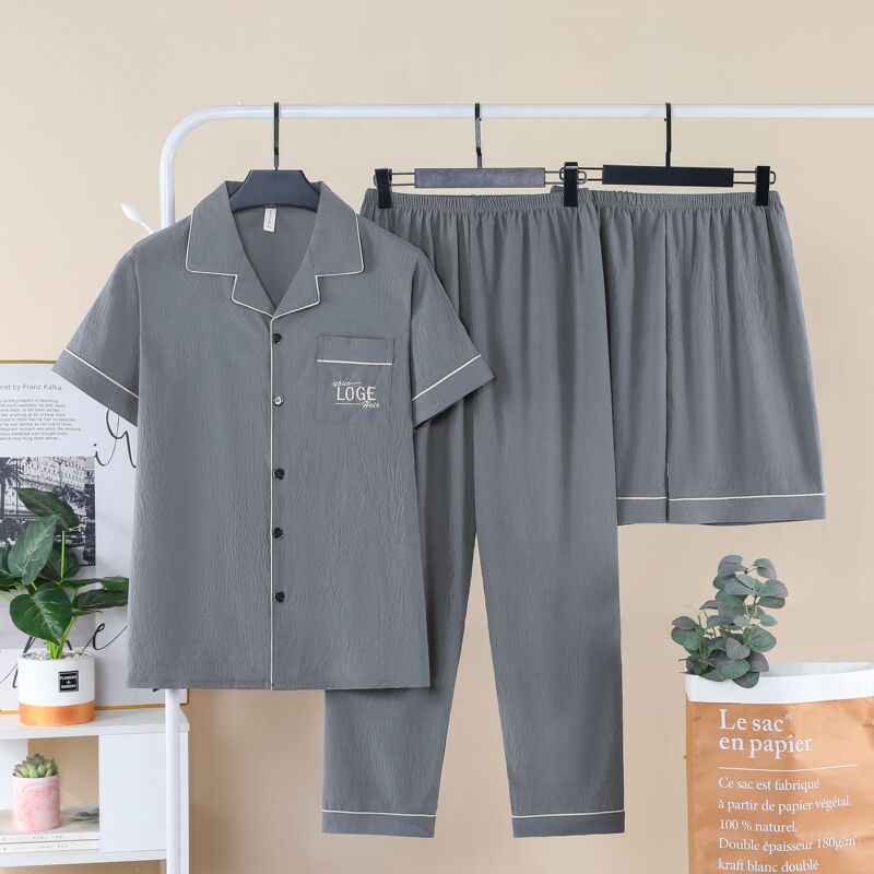 Men's Pajamas Summer Thin Cloud Cotton Three-Piece Set 2026 New Short-Sleeved Long Pants Summer Suit for Young and Middle-Aged People