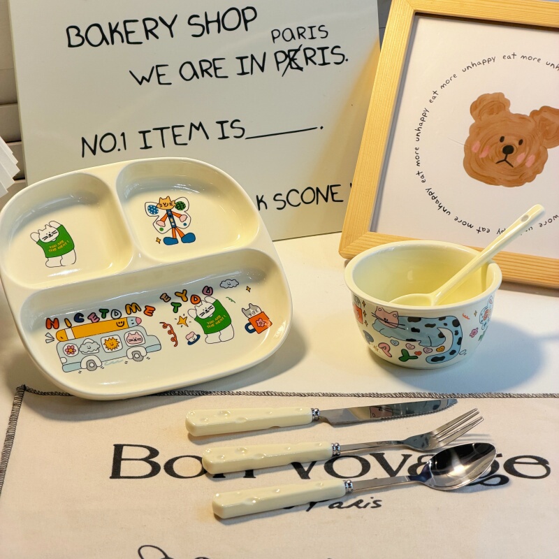 Graffiti-Style Divided Plate, Ceramic Rice Bowl, Cute Household Dormitory Breakfast Plate, High-Value Single-Serving Tableware Set