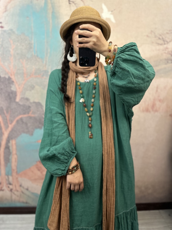 9051 Round Neck Raglan Puff Sleeves Fishtail Skirt Lightweight Hemp Summer Sun Protection Forest Style Artistic Dress 9051 Round Neck Raglan Puff Sleeves Fishtail Skirt Lightweight Hemp Summer Sun Protection Forest Style Artistic Dress