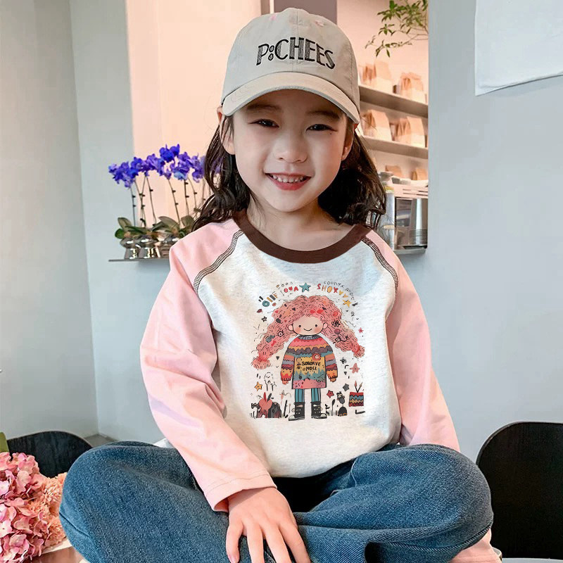 girls cotton long sleeve t shirt cute cartoon print contrast color top