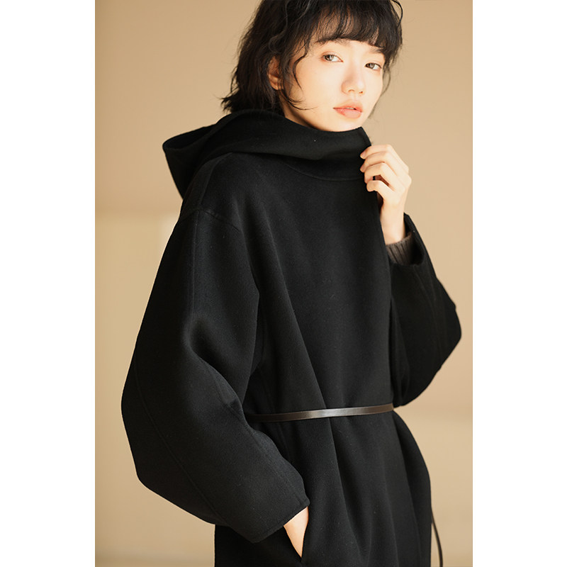 Miss Hateeth Miss Chen Aijia cashmere black 100 lap collection waist lacing with cap loose double face fur coat and coat woman