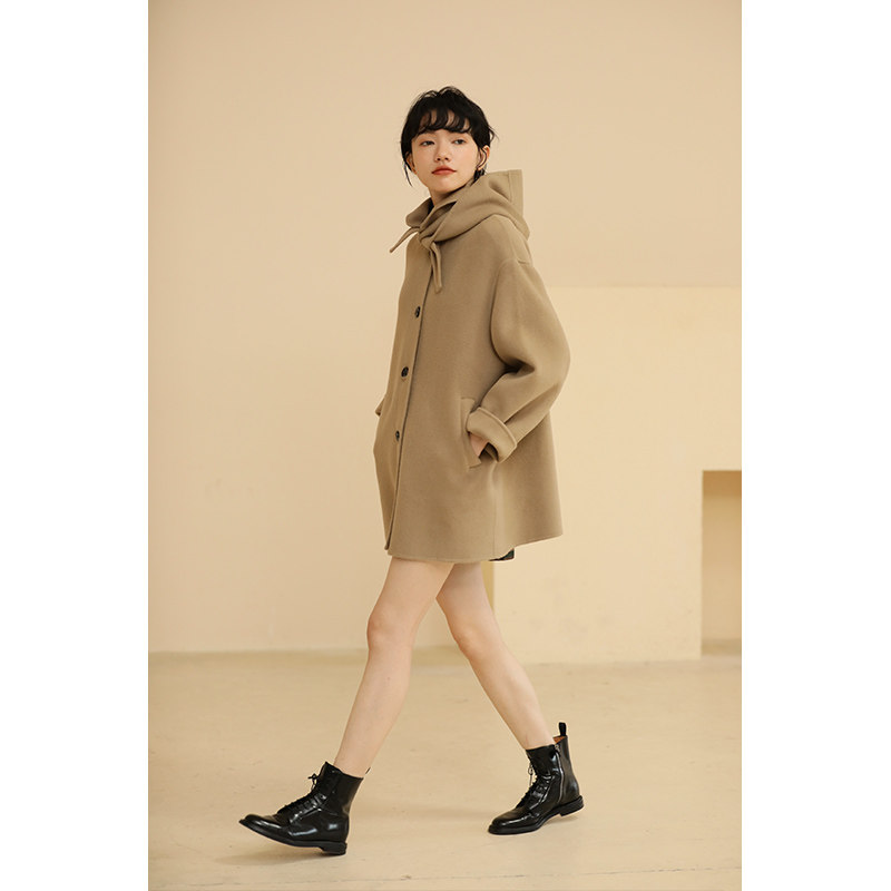 Miss Hatooth spring new spot detachable hooded Australian wool mid-length version double-sided woolen coat jacket women