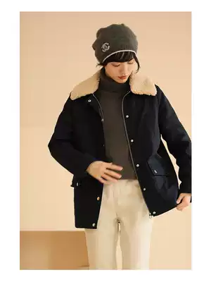 Miss Ha tooth Chen Aijia winter long-sleeved lapel lamb Maoist winter jacket Navy blue loose warm cotton clothes female