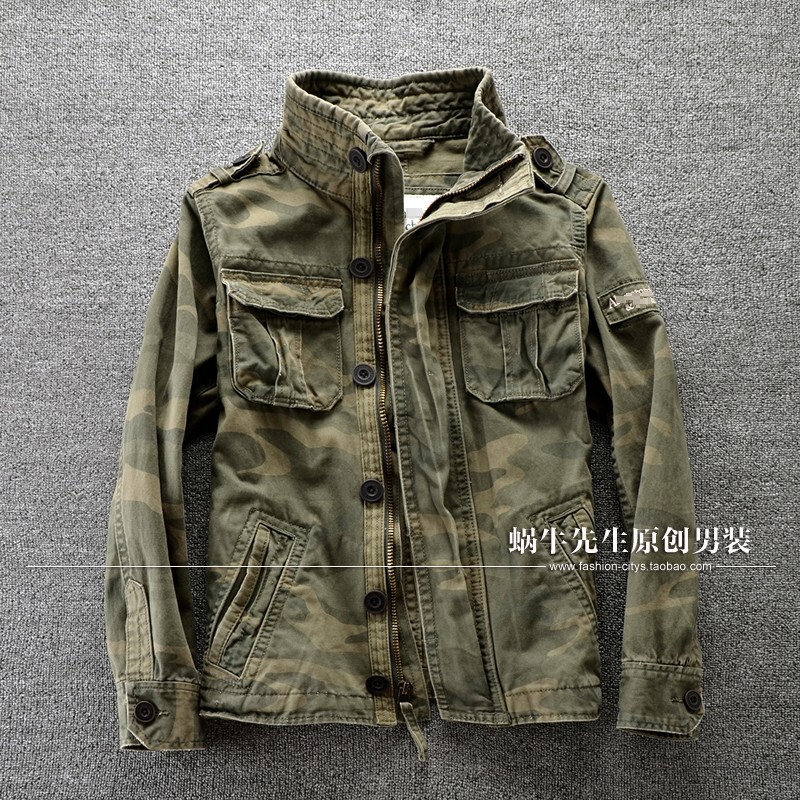 Men's Workwear Jacket Trendy Coat Spring and Autumn Stand Collar Short Style Vintage Outdoor Casual Versatile Trendy Camouflage Denim Top