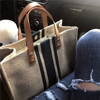 Korean version of the women's hand-held briefcase professional commuter striped simple one-shoulder large bag ins large-capacity canvas bag