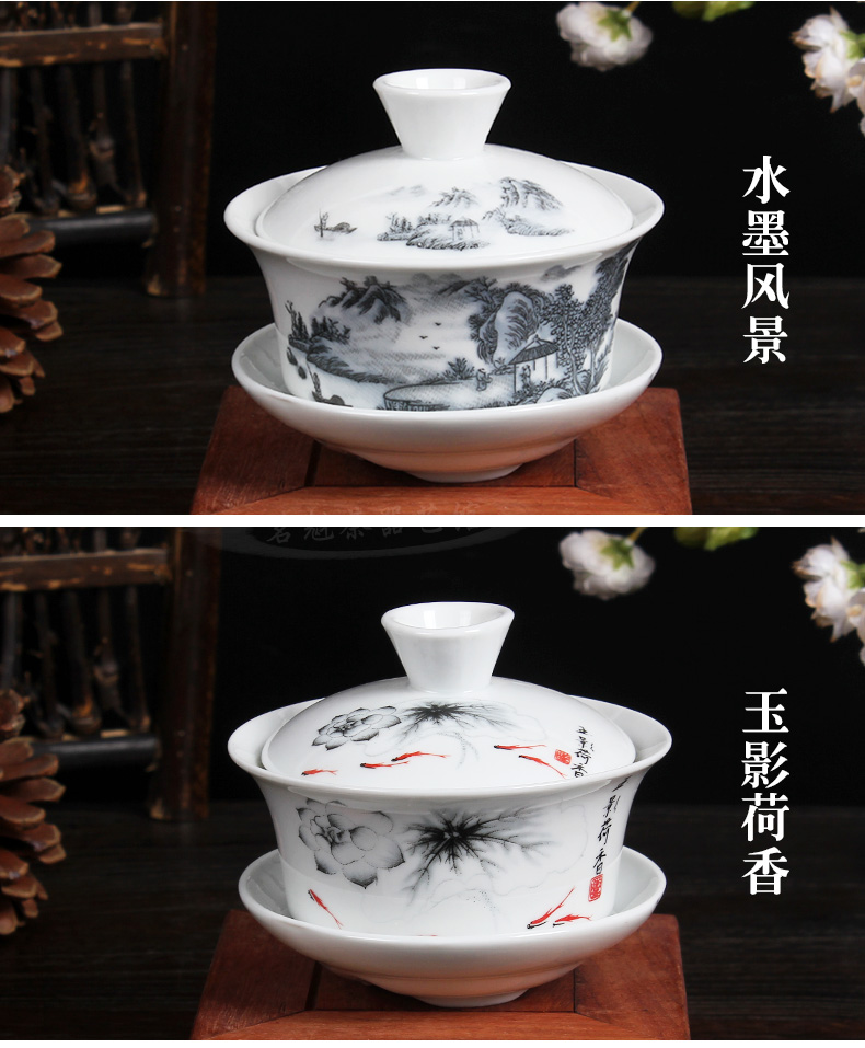 Nắp bát trà chén lớn màu xanh và trắng Bộ bát trà bằng gốm sứ ba bát Jing tea cup tay nồi sứ trắng sứ sứ đặc biệt bộ tách trà