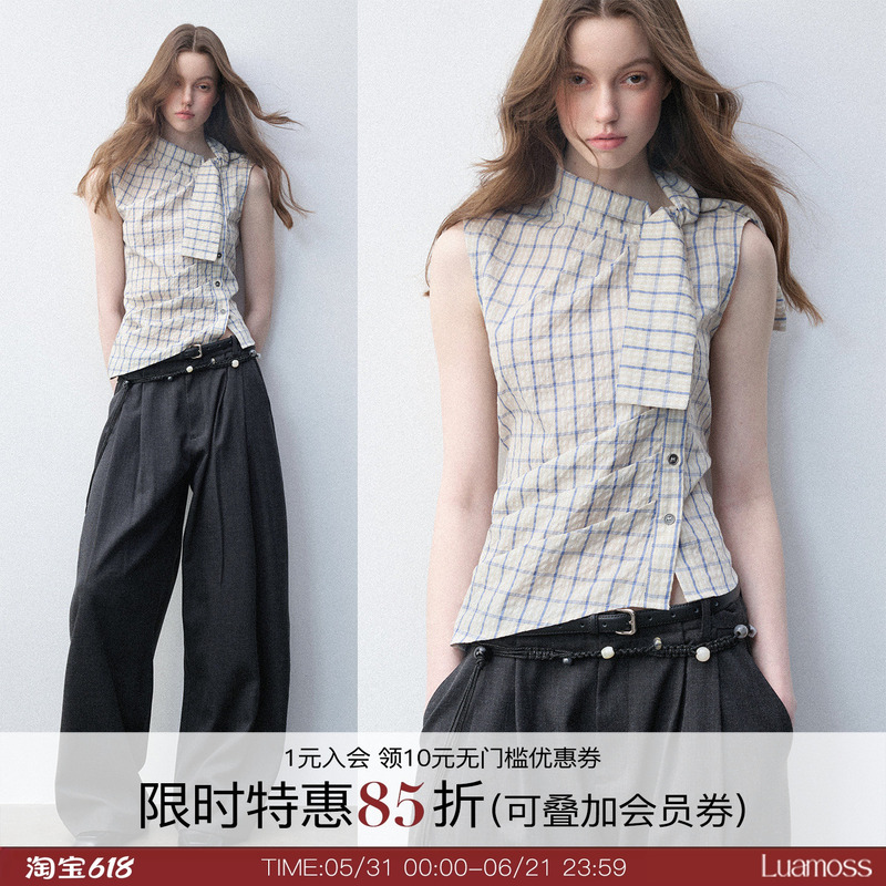 Luamoss'100% Cotton' Plaid High Neck Tie Waist Top for Women, New Slimming and Versatile Shirt