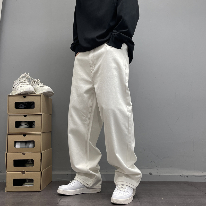 Exposed Seam Design Street Hip-Hop Off-White Jeans for Men, Loose Straight-Leg Pants, American High Street Cool Long Pants, Trendy