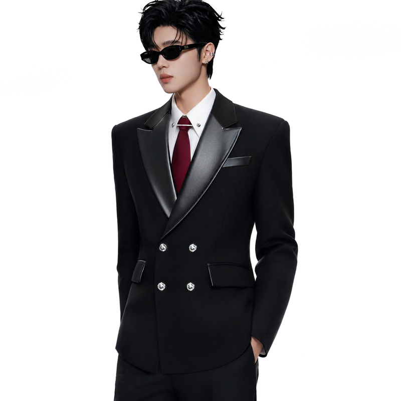 Yanjiestudio Black Peaked Lapel High-End Leather Business Banquet Performance Wide-Shoulder Waist-Cinching Suit Jacket Yanjiestudio Black Peaked Lapel High-End Leather Business Banquet Performance Wide-Shoulder Waist-Cinching Suit Jacket
