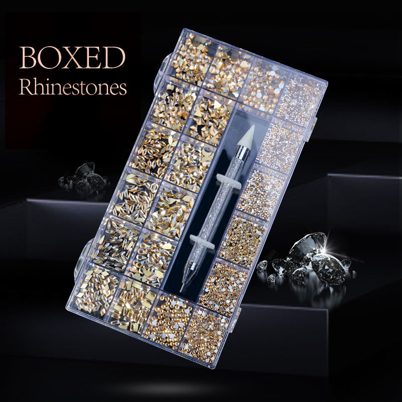 Hot-Selling 21-Grid Box of Nail Art Rhinestones, Flat-Bottom Glass Irregular-Shaped Rhinestones, DIY Nail Rhinestone Nail Art Decoration Set, Diamonds
