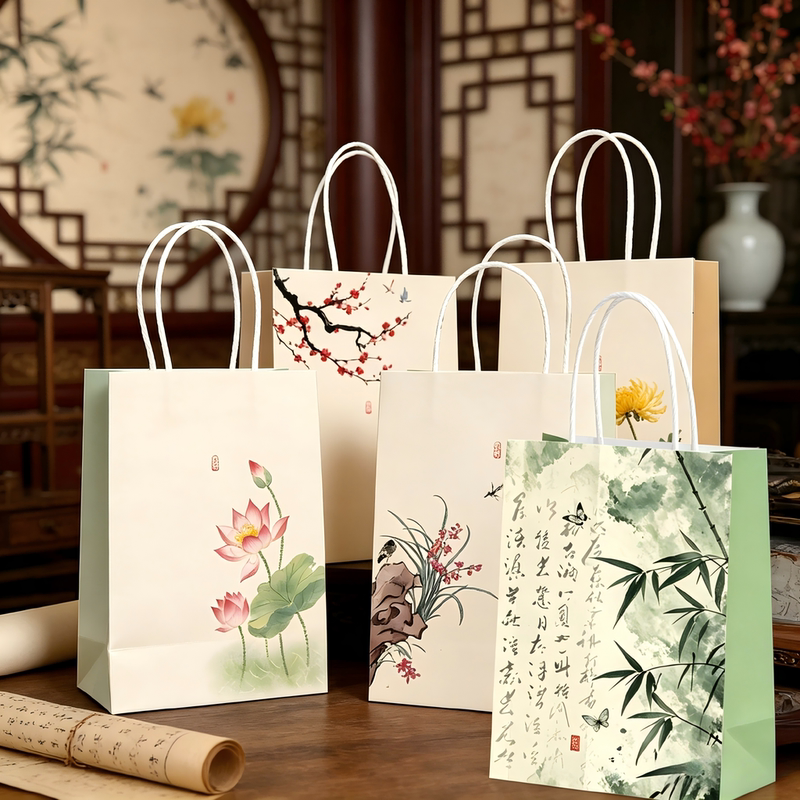 Popular Chinese-Style Ink Painting Tote Paper Bag, Chinese Retro Gift Bag with Local Characteristics, Souvenir Bag