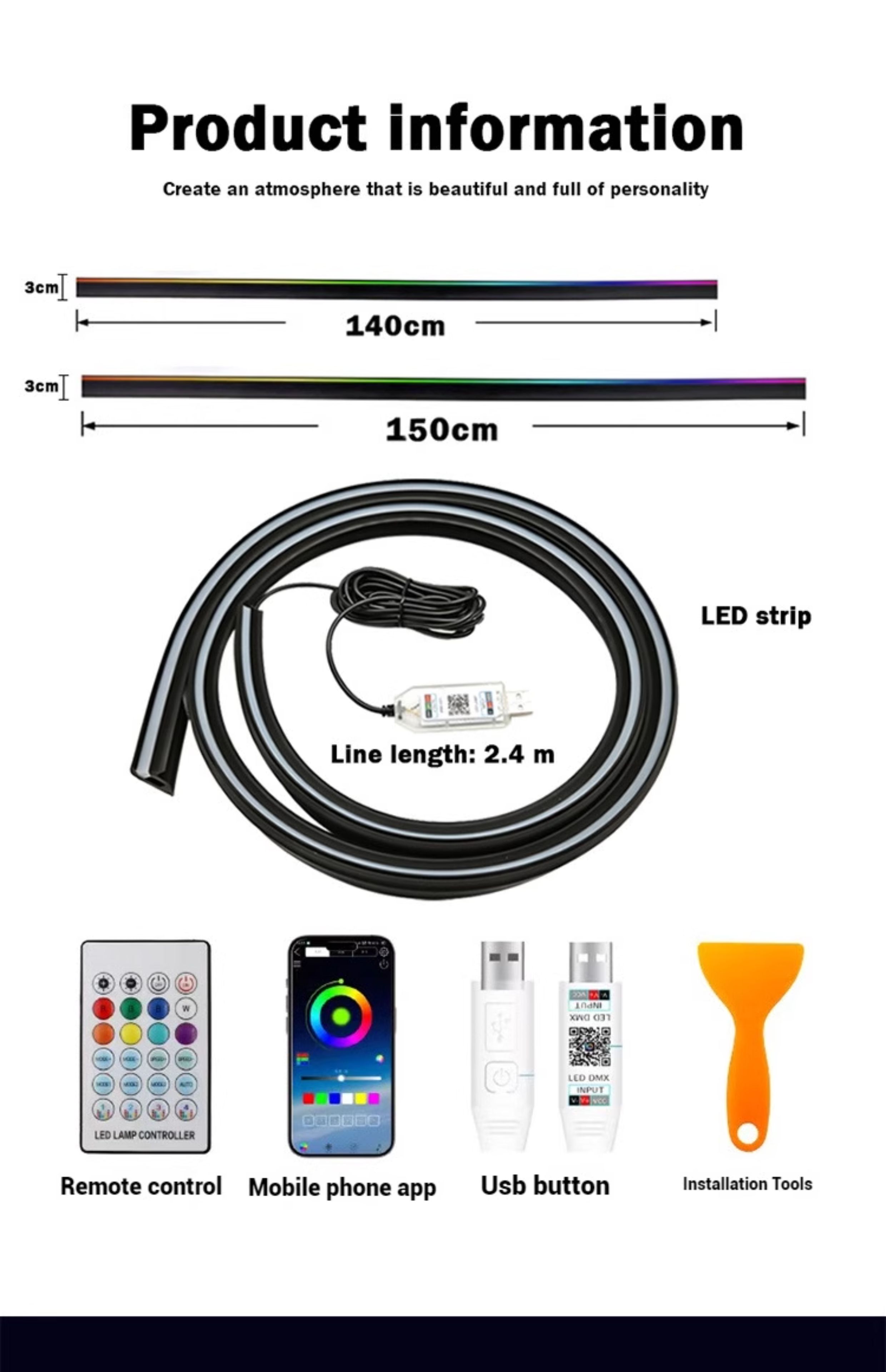 Car Led Front Hidden Soundproof Strip, Colorful Central Control Ambient Light, Remote Control App-Controlled Modified Lighting Strip