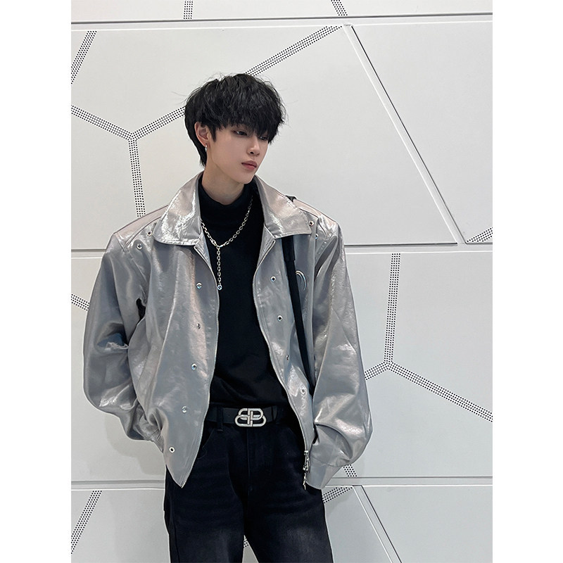 Spring and Autumn New American High Street Trendy Futuristic Metallic Jacket for Men, Loose Fit, Turn-Down Collar, Niche Silver Coat Spring and Autumn New American High Street Trendy Futuristic Metallic Jacket for Men, Loose Fit, Turn-Down Collar, Niche Silver Coat