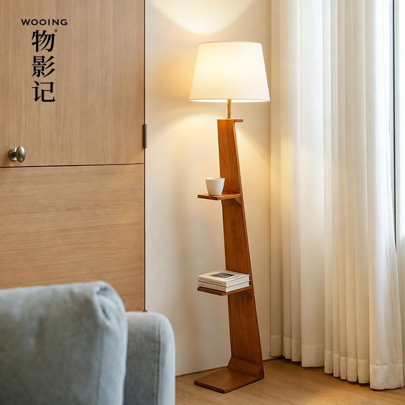 Medieval-Style L-Shaped Solid Wood Floor Lamp, Retro Living Room Sofa Side Multi-Layer Storage Rack Integrated Bedroom Atmosphere Lamp