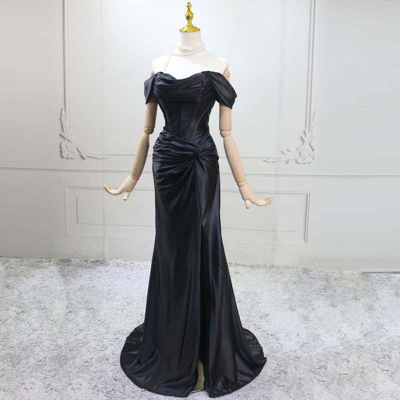 Black Off-The-Shoulder Mermaid Evening Dress with Sexy Slit for Coming-Of-Age Ceremony, Vocal Arts Exam, Concert, Annual Meeting, Host, Birthday