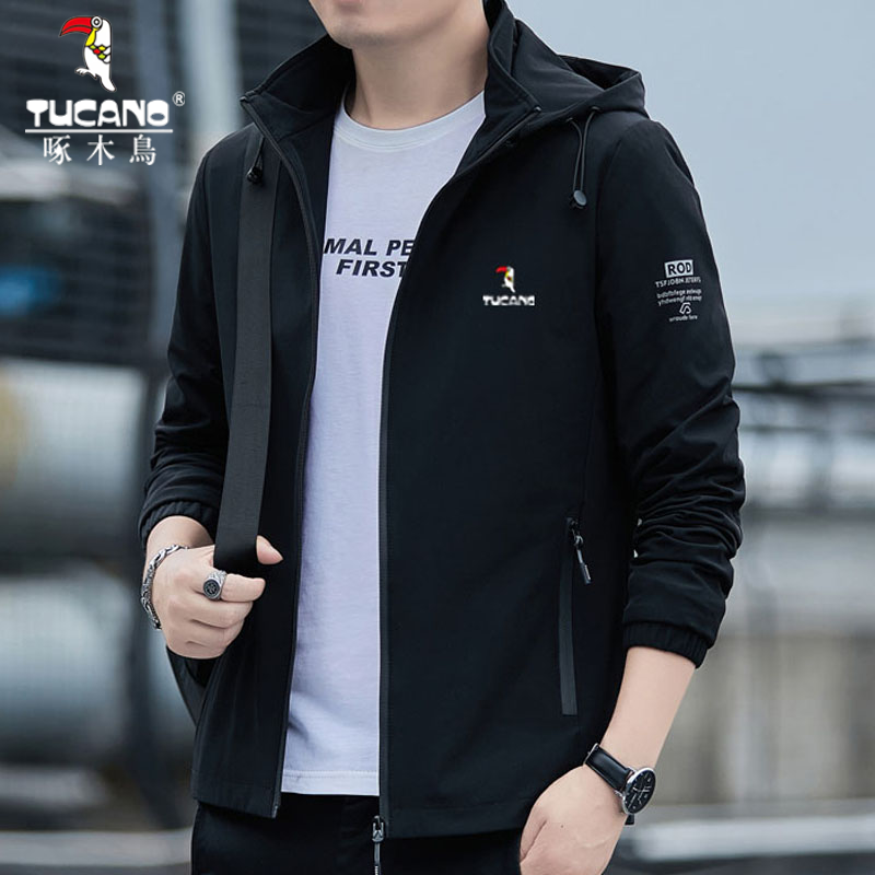 Woodpecker big jacket men's coat in spring and autumn new tide can be removed from the hood plus wet winter casual coat