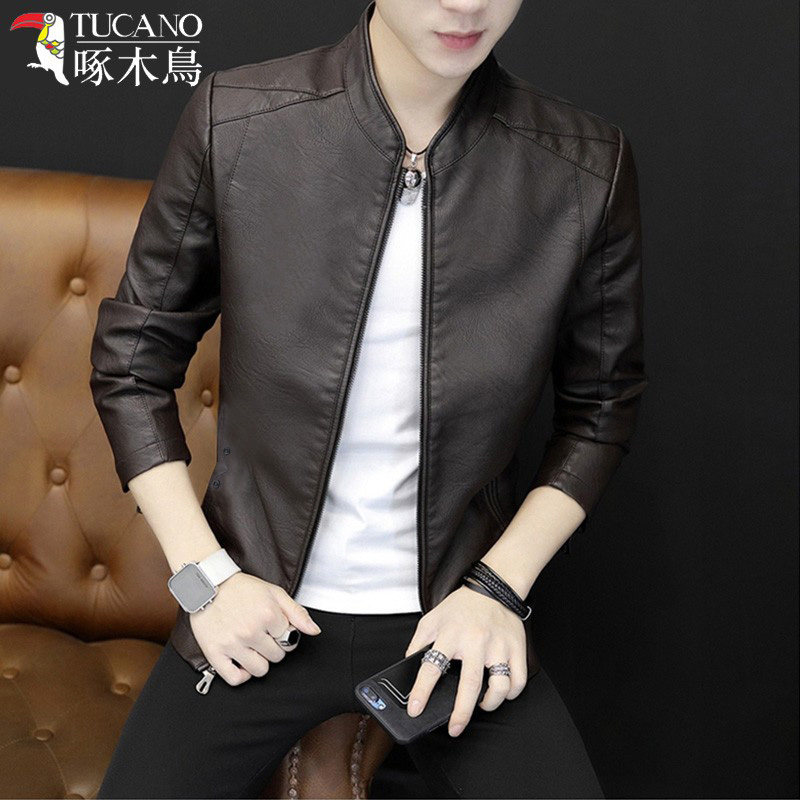 Woodpecker special fur coat male spring autumn new trend plus handsome locomotive leather jacket casual coat