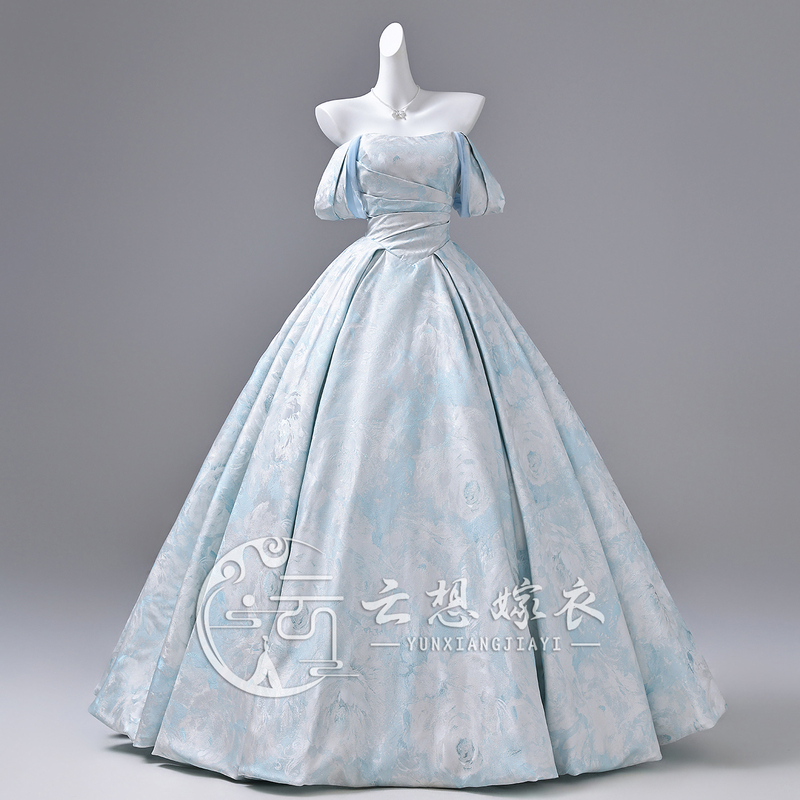 Cloud Dream Fairy Style Off-Shoulder Strapless Evening Gown for Women, Long Floral Dress with Tie-Up Design, High-End Performance Outfit, Puffy Skirt