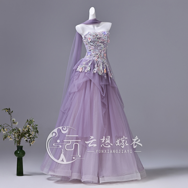 Dreamy Fairy Style Strapless Long Purple Evening Dress for Women, High-End Long Gown for Adult Ceremony and Vocal Performance Exam