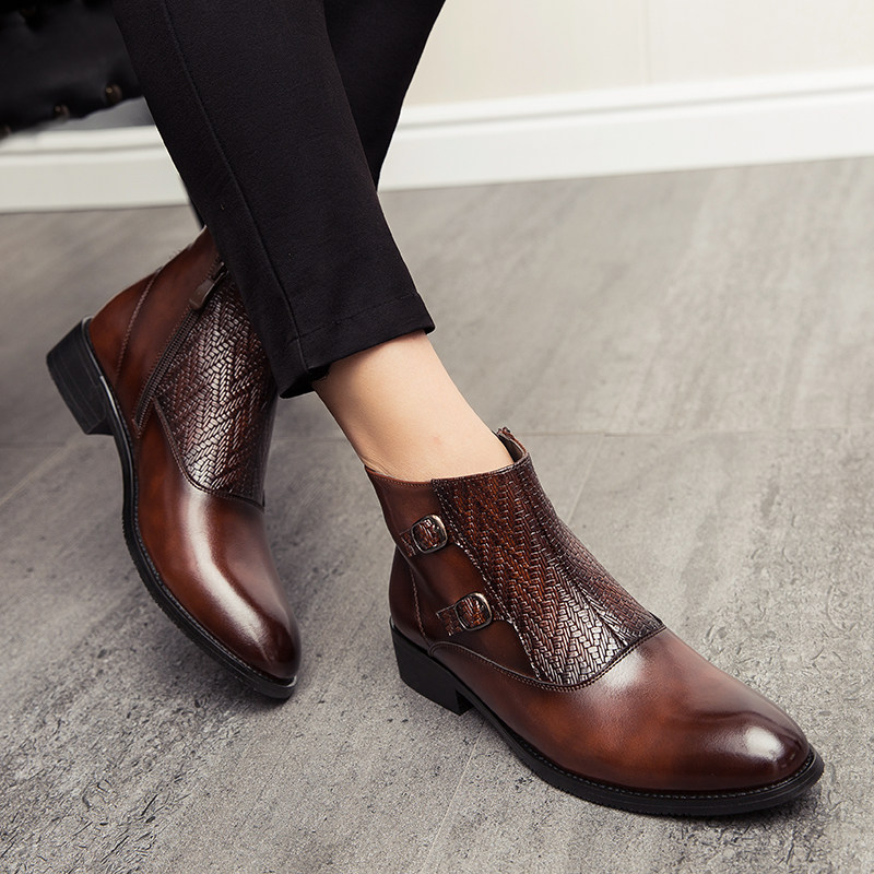 Spring autumn new men's casual high-cylinder leather shoes men's pointy Inn Martin boots Heightening Boots Man Boots Trendy Short Boots