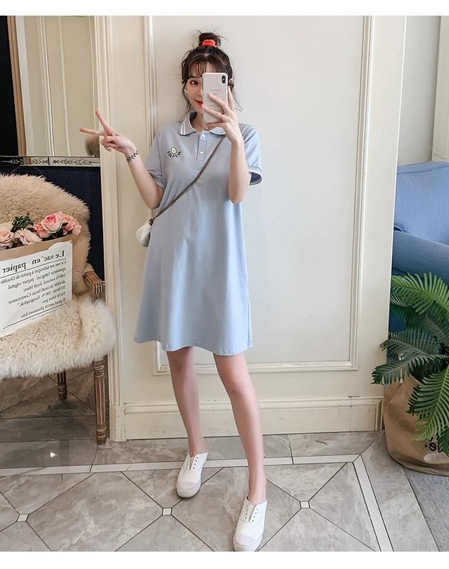Váy bà bầu phong cách tây mùa xuân thu phong cách hot mom cá tính mùa hè váy bà bầu cotton tay ngắn váy bầu mùa hè - Áo thai sản