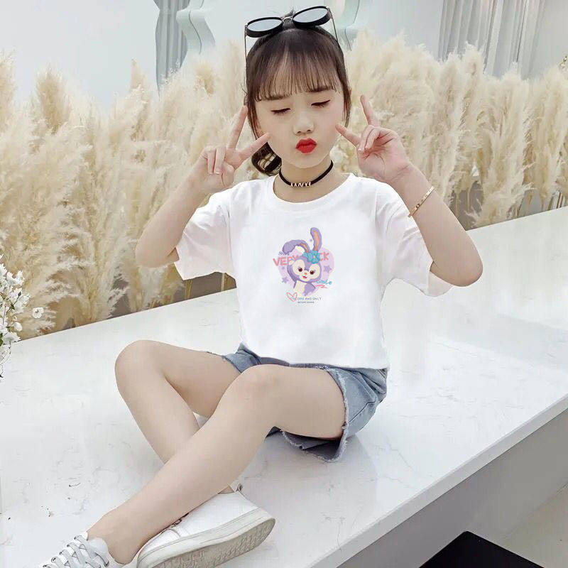 Xingdelu girls' short-sleeved t-shirt new fashion print princess style big children's summer clothes with cotton children's tops