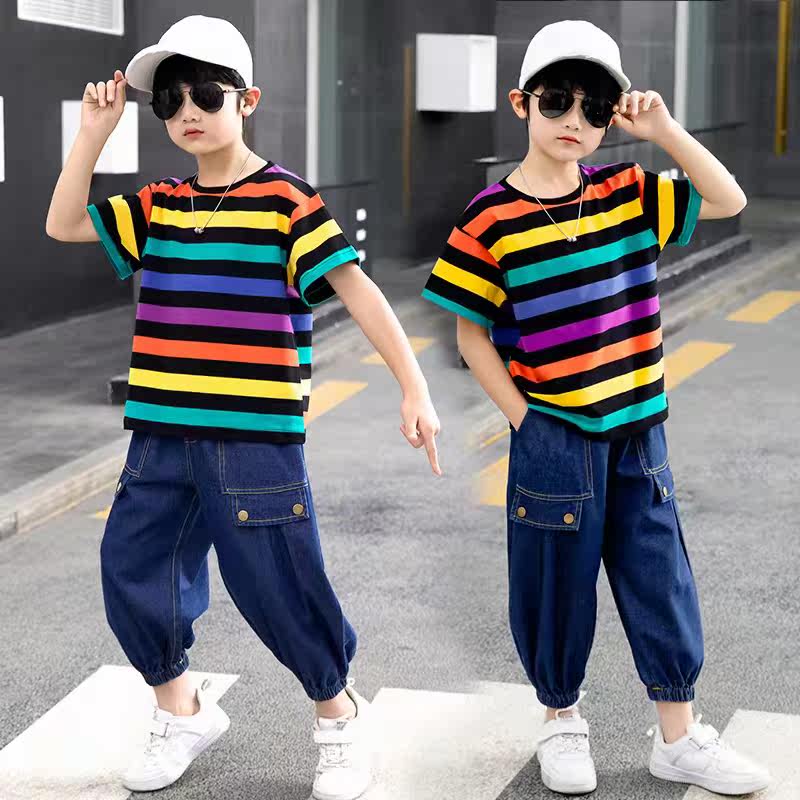 Boys striped short-sleeved new jeans suit summer 2022 new children's big boy handsome two-piece suit