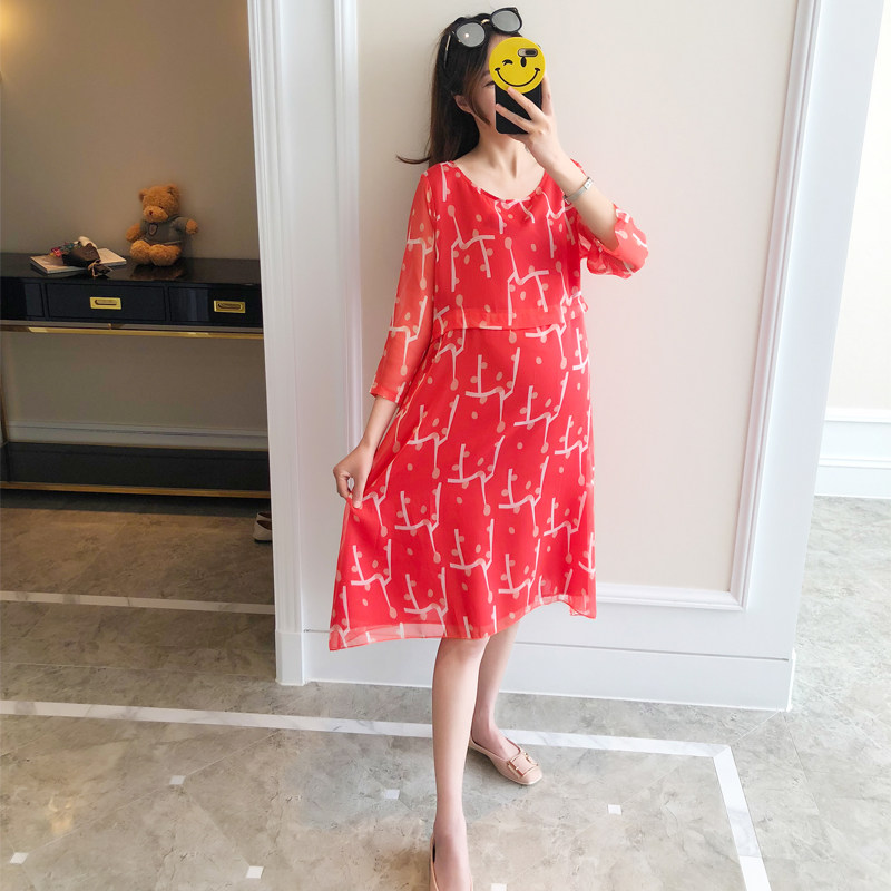Pregnant women summer dress maternity dress mid-length maternity dress summer short-sleeved t-shirt maternity dress maternity top chiffon