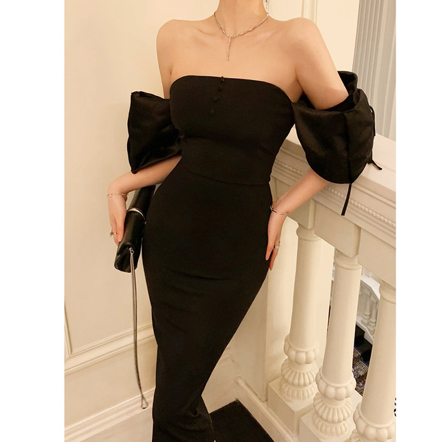 Juxian thin black tube top one-shoulder dress long skirt summer high-end socialite dinner dress Hepburn style little black dress