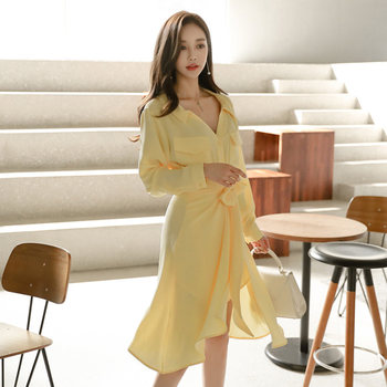 2019 early autumn new Korean version high waist fairy French retro skirt temperament skirt shirt dress two-piece