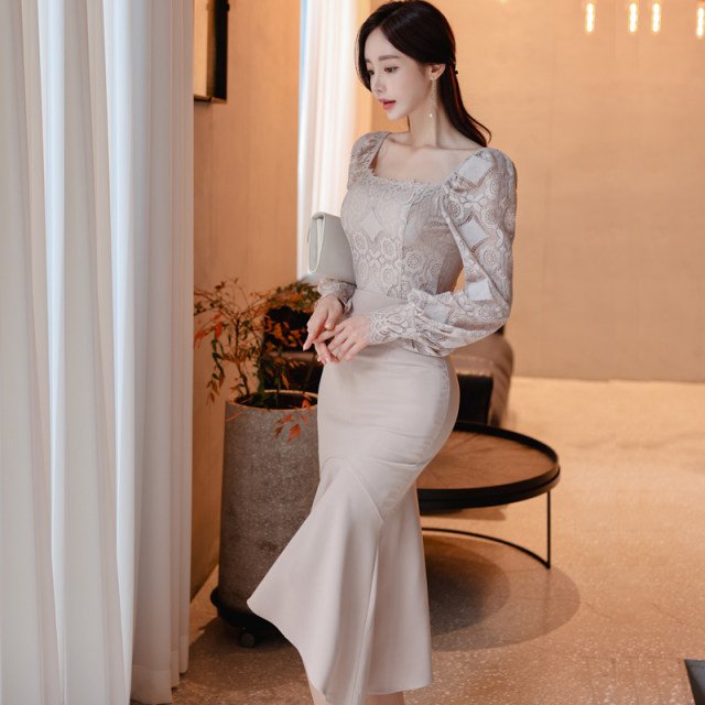 New fishtail skirt fashion suit autumn high-end lace square collar top slim-fit bag hip irregular half-length skirt