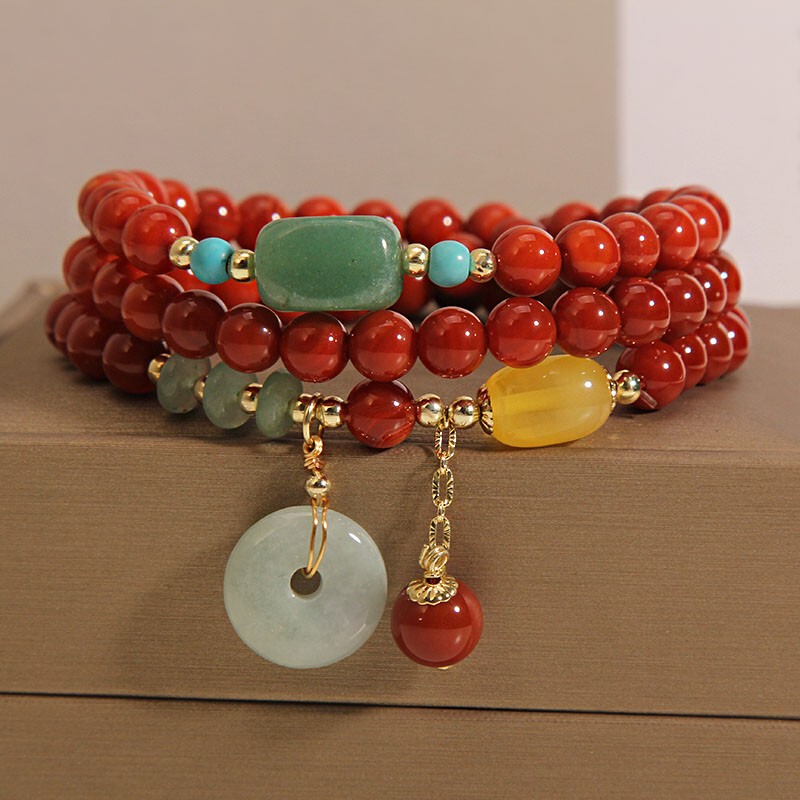 Natural Southern Red Agate Multi-Layer Bracelet for Women, Vintage Ethnic Style Jade Peace Buckle Pendant Bracelet, Trendy Internet Celebrity Bracelet