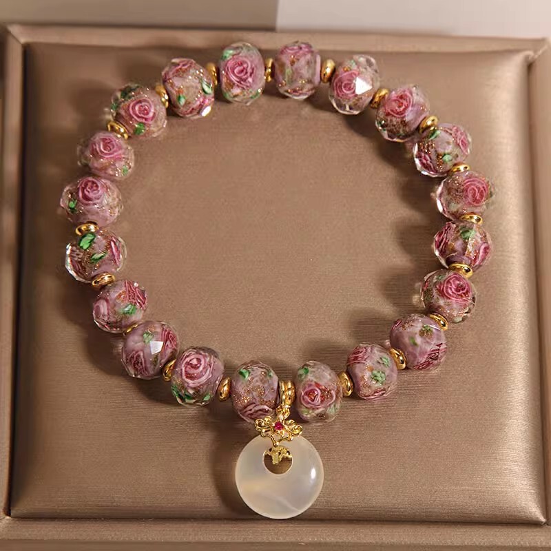 New Style Elegant Amethyst Bracelet for Women, Light Luxury Niche Exquisite Peace Buckle Rose Flower Glass Bracelet, Gift for Best Friend