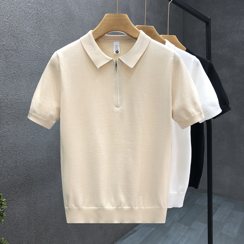 High-End Apricot Half-Zip Lapel Short-Sleeved Sweater for Men, Thin Autumn Knitwear T-Shirt, 2026 New Half-Sleeve Style