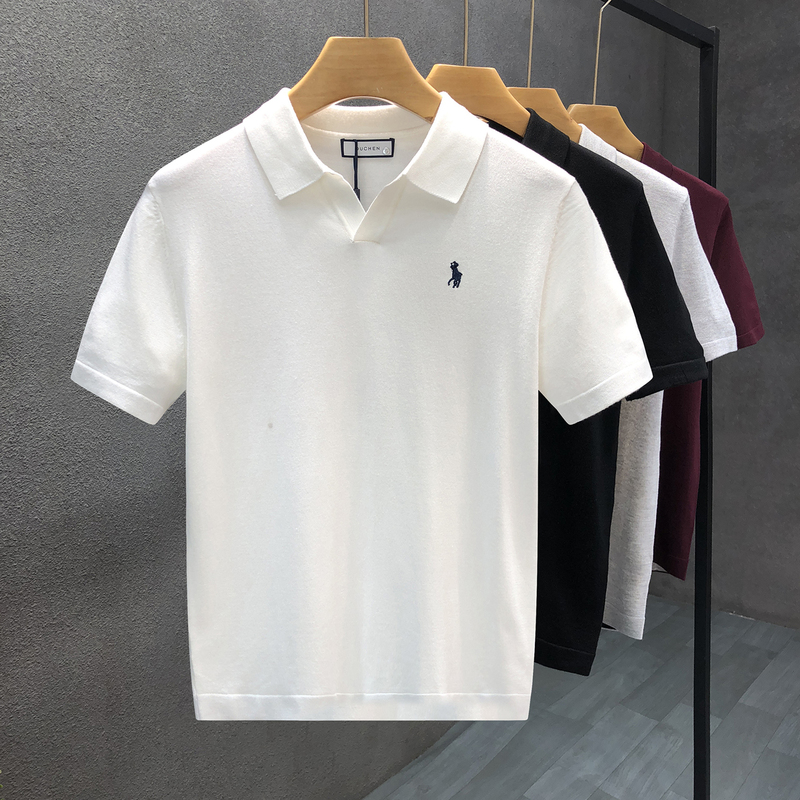High-End Embroidered Lapel Short-Sleeved Sweater for Men, Trendy Thin Knitwear, 2026 Spring and Summer New Men's Half-Sleeve