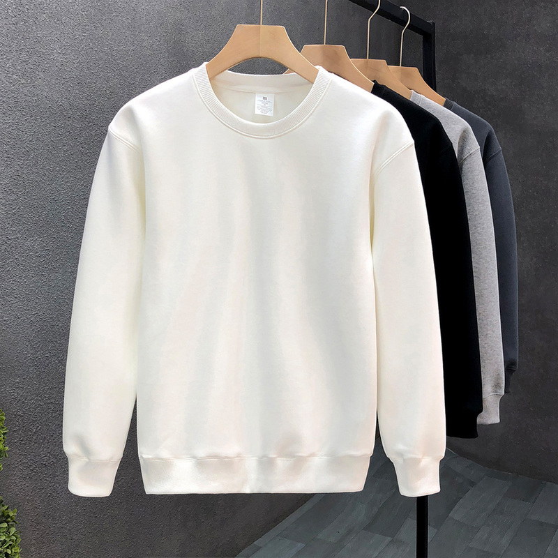 Casual Pure Color Inner Layer Fleece-Lined Sweatshirt for Men, Winter Style, Round Neck, White Top, 2025 New Hot Style, Spring and Autum Long Sleeves