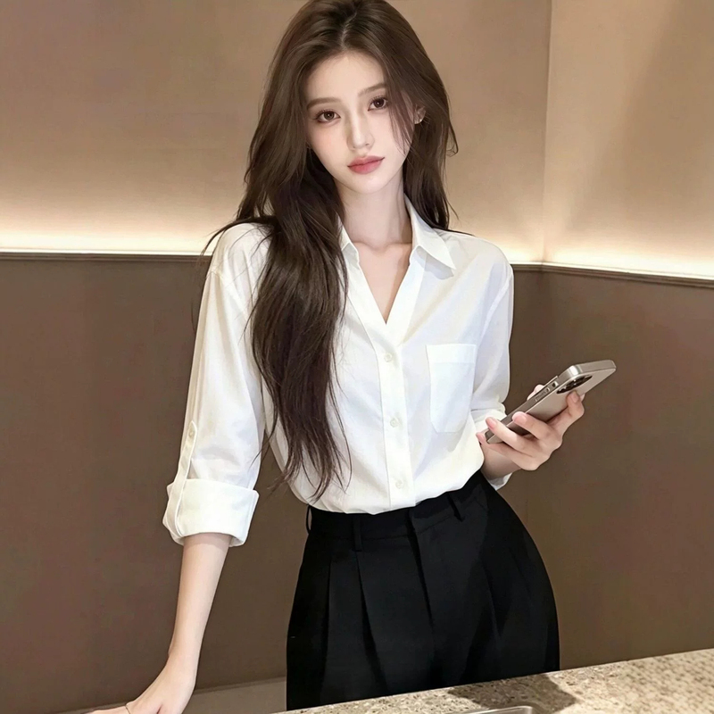 White Polo Collar Long-Sleeve Shirt for Women, Autumn French Style, High-End, Loose, Slimming, Elegant Women's Shirt Top