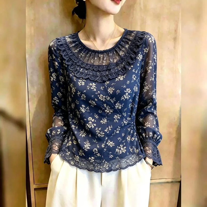 Ultra-Niche Blue Floral Lace Mesh Top for Women, Korean Style, See-Through Long Sleeves, Fashionable and Trendy, New for Autumn 2026 Ultra-Niche Blue Floral Lace Mesh Top for Women, Korean Style, See-Through Long Sleeves, Fashionable and Trendy, New for Autumn 2026